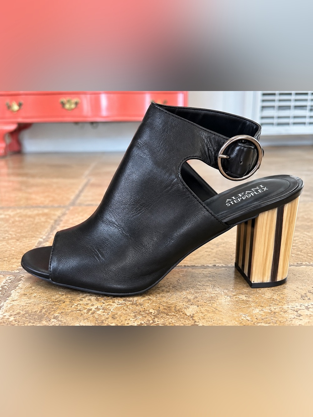 Alfani Step N Flex Black Leather Platform Sandals Wood Look Heel Size 8.5M